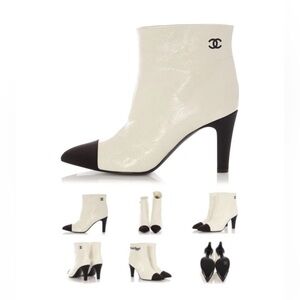 CHANEL Women's Cream and Black Heeled Boots